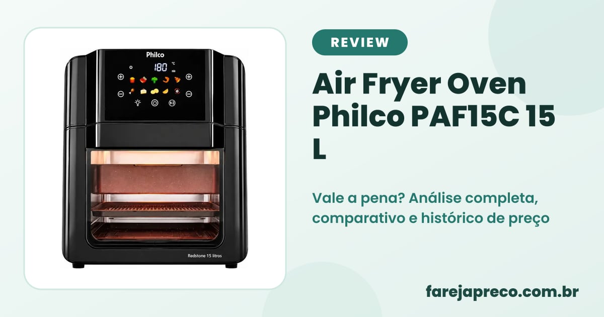 Capa do review: foto da Air Fryer Oven Philco PAF15C preta de 15 litros com o título do review completo