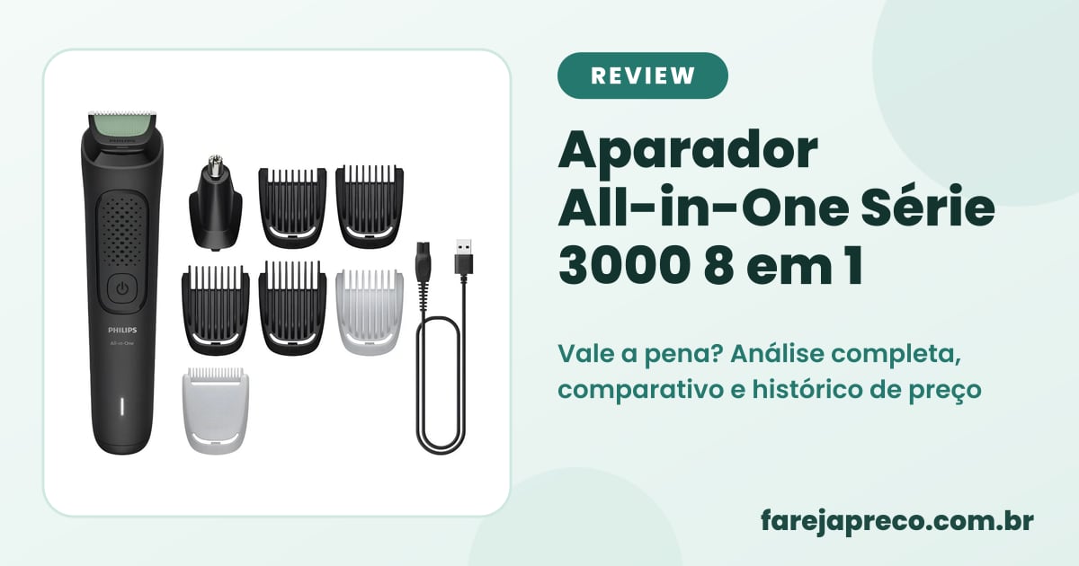 Capa do review: foto do aparador Philips All-in-One Série 3000 preto com seus acessórios e o título do review do aparador 8 em 1