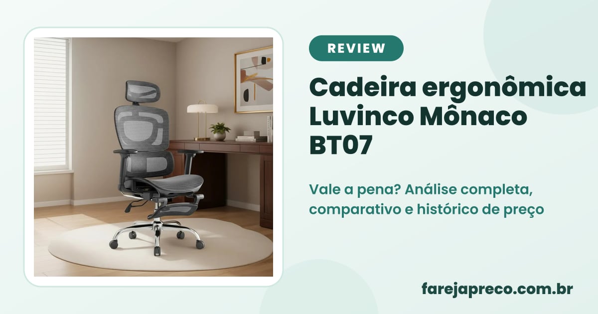 Capa do review: foto da cadeira de escritório ergonômica Luvinco Mônaco BT07 preta com o título Cadeira Luvinco Mônaco BT07 review