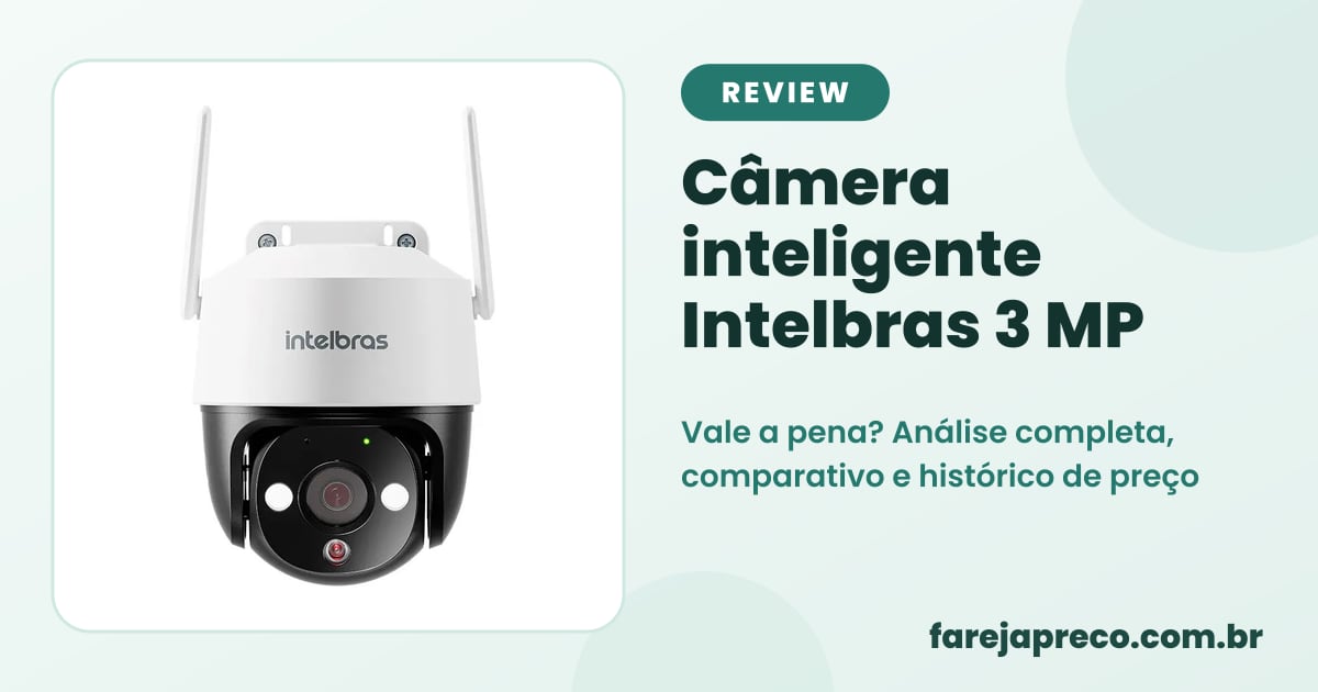 Capa do review: foto da câmera inteligente Intelbras iM7+ 3 MP branca com o título prós, contras e alternativas