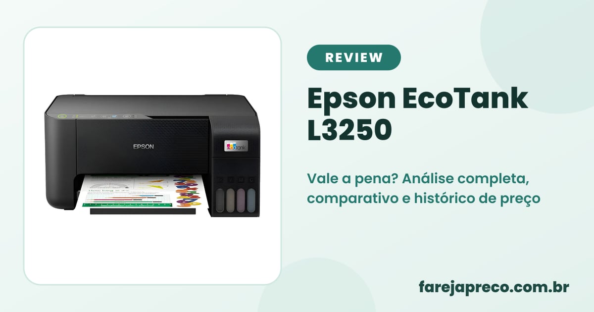 Capa do review: foto da impressora multifuncional Epson EcoTank L3250 preta com o título análise completa