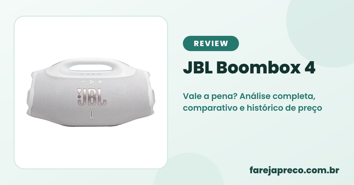 Capa do review: foto da caixa de som JBL Boombox 4 branca com o título JBL Boombox 4 branca vale a pena? Análise e o que conferir
