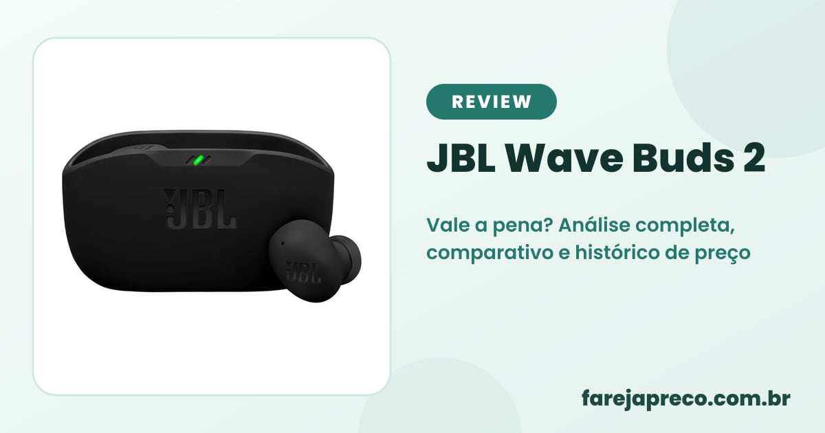 Capa do review: foto do fone sem fio JBL Wave Buds 2 preto com o título JBL Wave Buds 2 análise completa