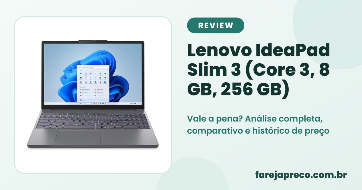 Capa do review: foto do notebook Lenovo IdeaPad Slim 3 cinza aberto, com o título Lenovo IdeaPad Slim 3 com Core 3 vale a pena?