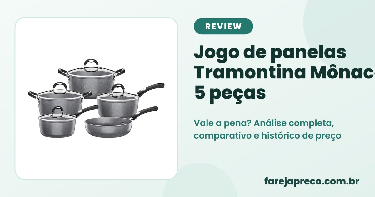 Capa do review: foto do jogo de panelas Tramontina Mônaco cinza de 5 peças com o título da análise