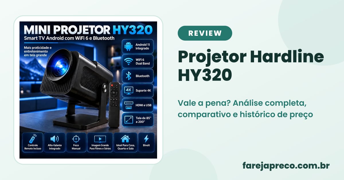 Capa do review: foto do mini projetor Hardline HY320 preto com o título Projetor Hardline HY320 análise completa