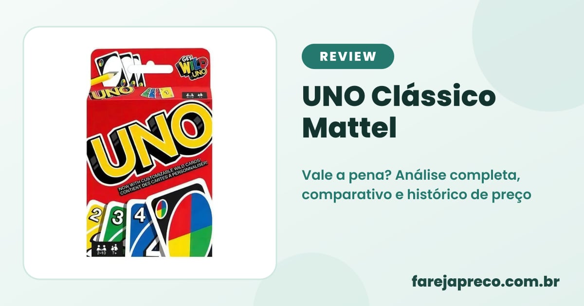 Capa do review: foto da caixa do jogo de cartas UNO Clássico Mattel com o título UNO Clássico review, prós, contras e alternativas