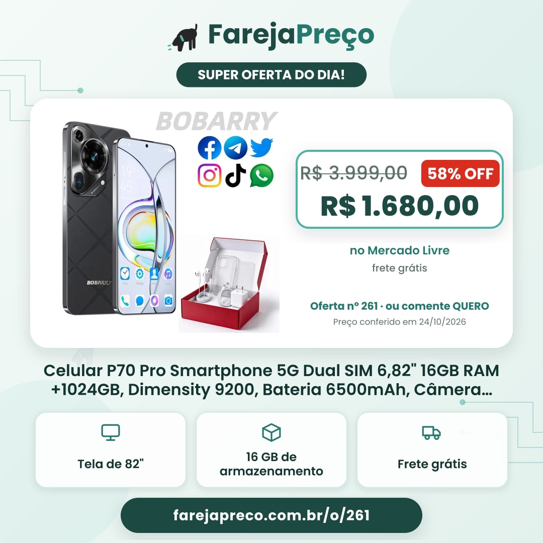 Celular P70 Pro Smartphone 5G Dual SIM 6,82" 16GB RAM +1024GB, Dimensity 9200, Bateria 6500mAh, Câmera 32MP+64MP, Android 16, Desbloqueio Impressão Digital e Reconhecimento Facial