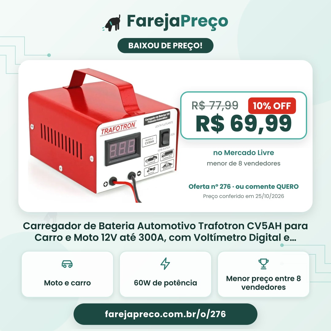 Carregador de Bateria Automotivo Trafotron CV5AH para Carro e Moto 12V até 300A, com Voltímetro Digital e Carga Flutuante