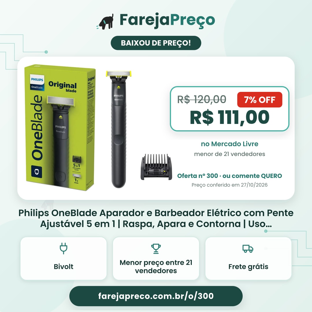 Philips OneBlade Aparador e Barbeador Elétrico com Pente Ajustável 5 em 1 | Raspa, Apara e Contorna | Uso Seco e Molhado | 100% À Prova d'Água | Sem Fio | Bivolt | QP1425/10