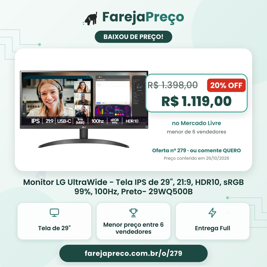 Monitor LG UltraWide - Tela IPS de 29", 21:9, HDR10, sRGB 99%, 100Hz, Preto- 29WQ500B
