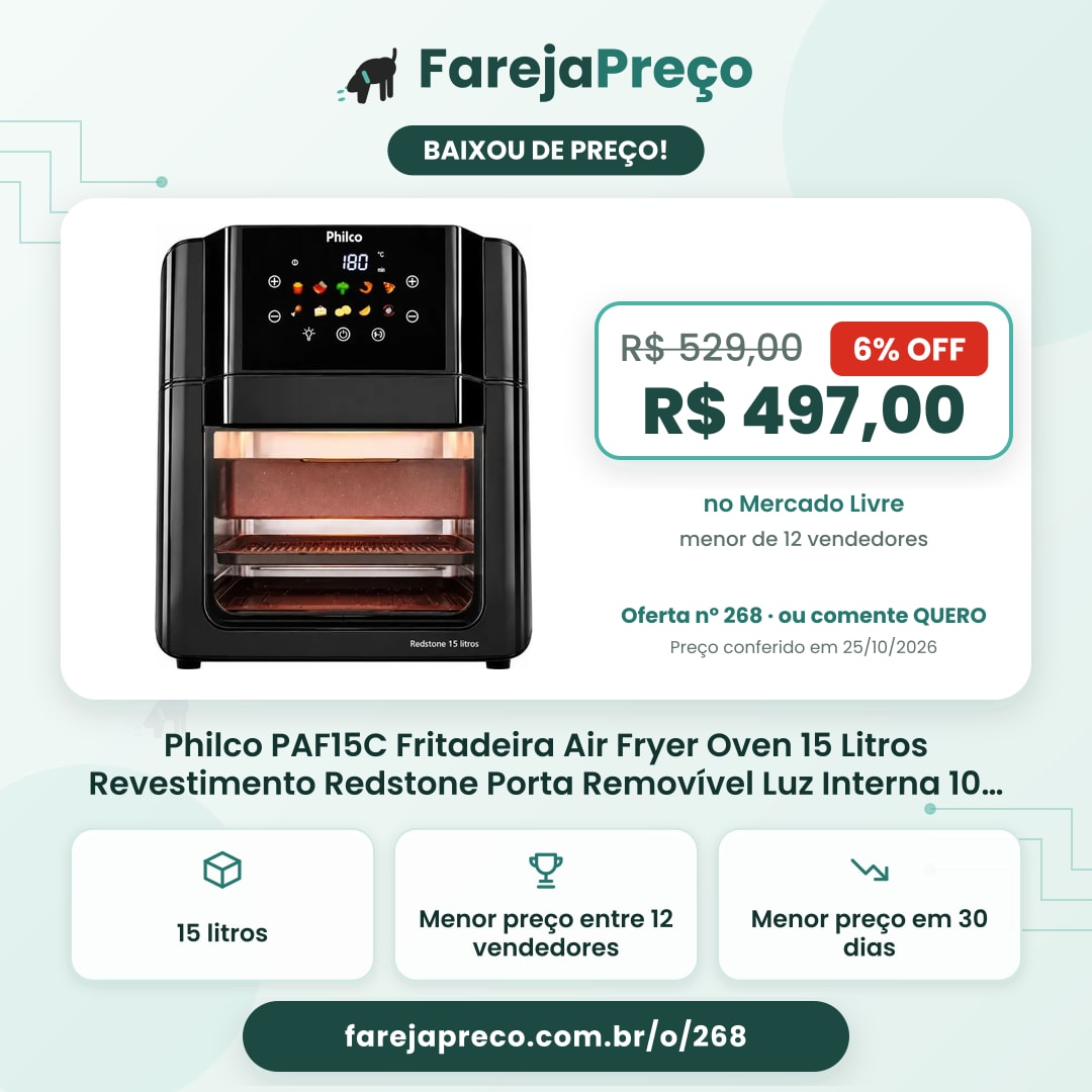 Philco PAF15C Fritadeira Air Fryer Oven 15 Litros Revestimento Redstone Porta Removível Luz Interna 10 Funções Preta