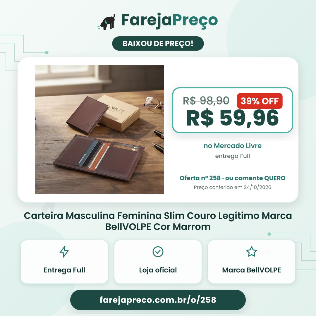 Carteira Masculina Feminina Slim Couro Legítimo Marca BellVOLPE Cor Marrom