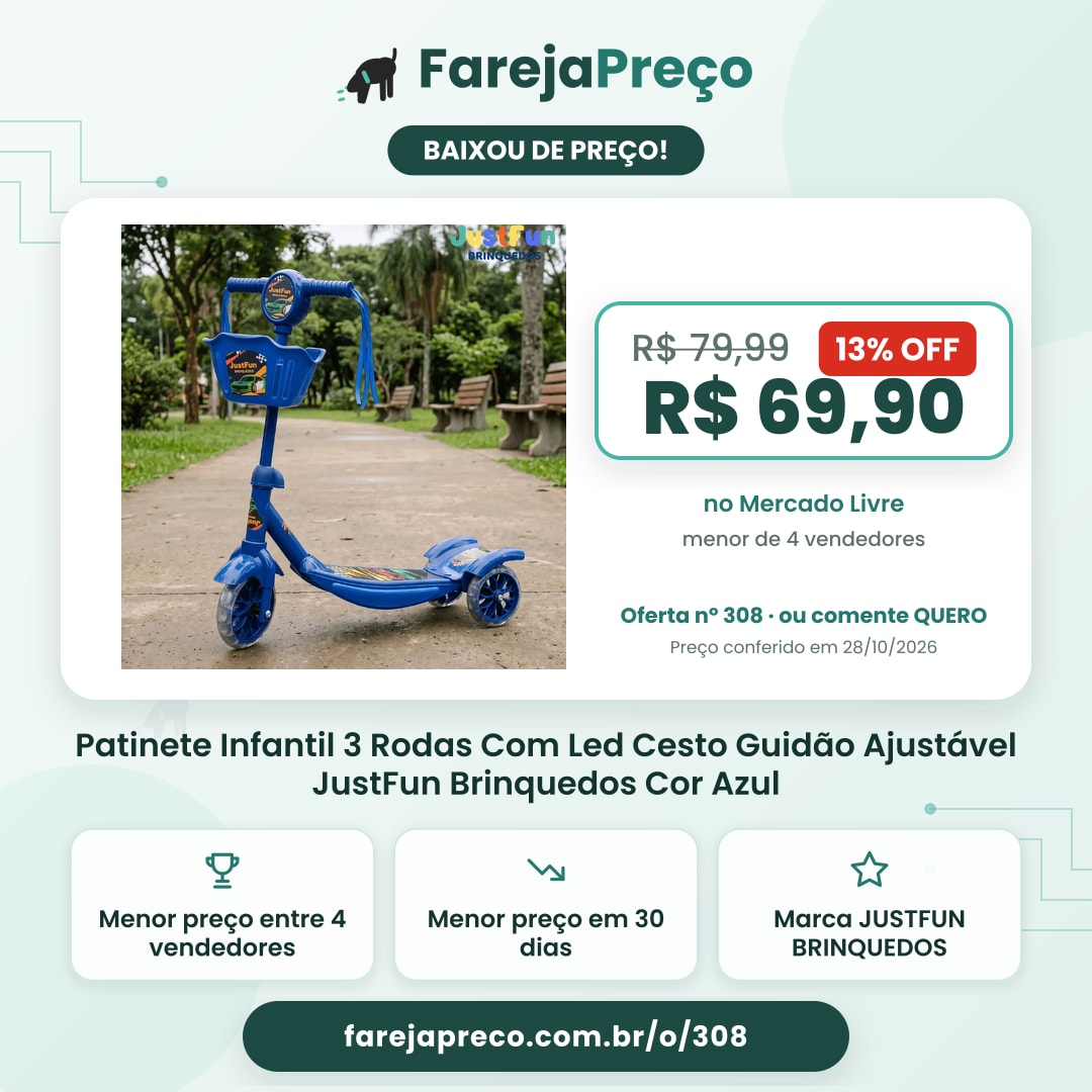 Patinete Infantil 3 Rodas Com Led Cesto Guidão Ajustável JustFun Brinquedos Cor Azul